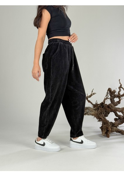 Siyah Kadife Pileli Kadın Jogger Pantolon COC1056 modelleri
