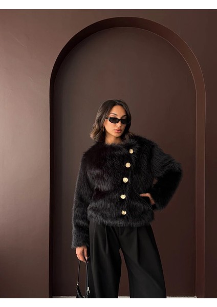 Kadın Vintage Peluş Tüylü Crop Ceket Altın Düğmeli Bisiklet Yaka Kışlık Şık Ceket