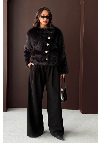 Kadın Vintage Peluş Tüylü Crop Ceket Altın Düğmeli Bisiklet Yaka Kışlık Şık Ceket modelleri