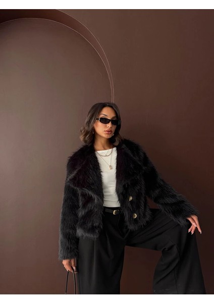 Kadın Vintage Peluş Tüylü Crop Ceket Altın Düğmeli Bisiklet Yaka Kışlık Şık Ceket fırsatları