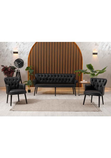 Perla P Kol Siyah Deri Siyah Ahşap Ayaklı Ofis Koltuk Takımı