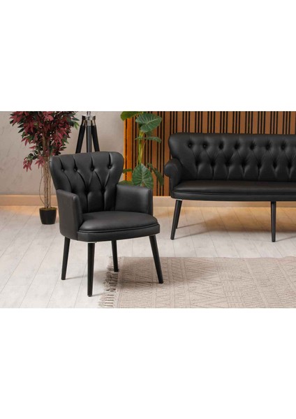 Perla P Kol Siyah Deri Siyah Ahşap Ayaklı Ofis Koltuk Takımı fırsatları