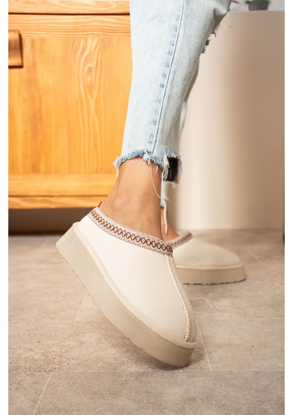 Cilt Deri Içi Kürklü Düz Taban Sabo Kışlık Kadın Terlik