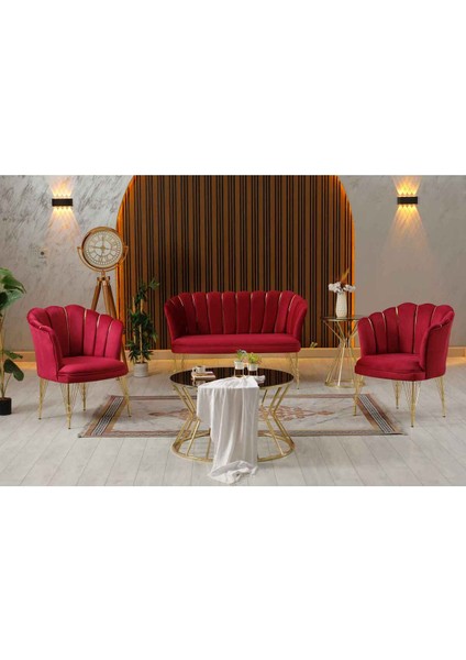 Zentro Kırmızı Kumaş Metal Gold Ayaklı Ofis Koltuk Takımı Çay Seti Koltuk Takımı
