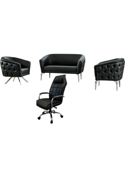 Asel Siyah Deri Krom Ayaklı Ofis Koltuk Takımı ve Makam Koltuğu