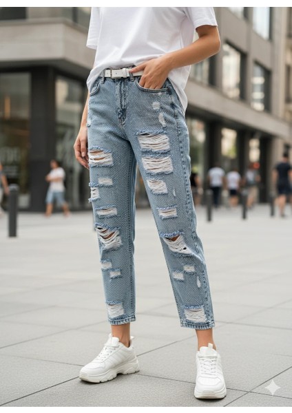 Kadın Yırtık Kot Pantolon Payetli Figür Detaylı Yüksek Bel Bol Kesim Mickey Mouse Desenli Jean