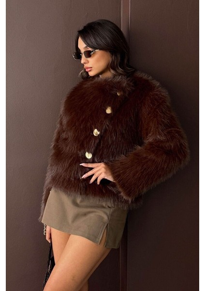 Kadın Vintage Peluş Tüylü Crop Ceket Altın Düğmeli Bisiklet Yaka Kışlık Şık Ceket