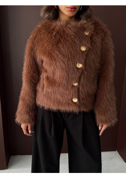 Kadın Vintage Peluş Tüylü Crop Ceket Altın Düğmeli Bisiklet Yaka Kışlık Şık Ceket fırsatları