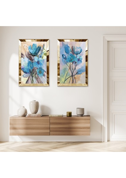 Gold Aynalı Pleksi Çerçeveli Mavi Çiçek Ikili Mdf Tablo Seti