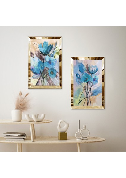 Gold Aynalı Pleksi Çerçeveli Mavi Çiçek Ikili Mdf Tablo Seti fiyatları