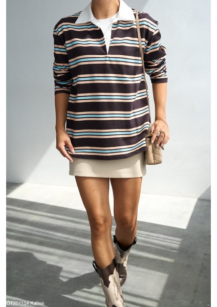 Kadın Erkek Yaka Uzun Kollu Basıc Çizgili Triko Kışlık Kazak