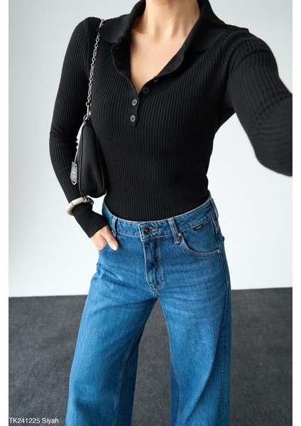 Kadın Yarım Düğmeli Erkek Yaka Body Kazak modelleri
