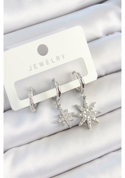 Pirinç Zirkon Taşlı Kutup Yıldızı Model Gümüş Renk 3 Lü Çift Kadın Küpe Set