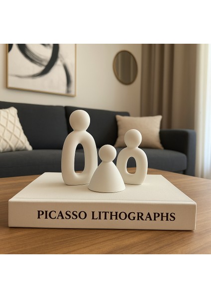 Minimalist Aile Biblo Seti – Lüks Bohem Dekoratif Objeler, Seramik Görünümlü 3’lü Figür