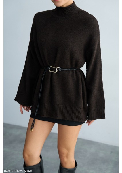 Kadın Yarım Boğaz Uzun Kol Sezonluk Oversize Kazak (Kemersiz)