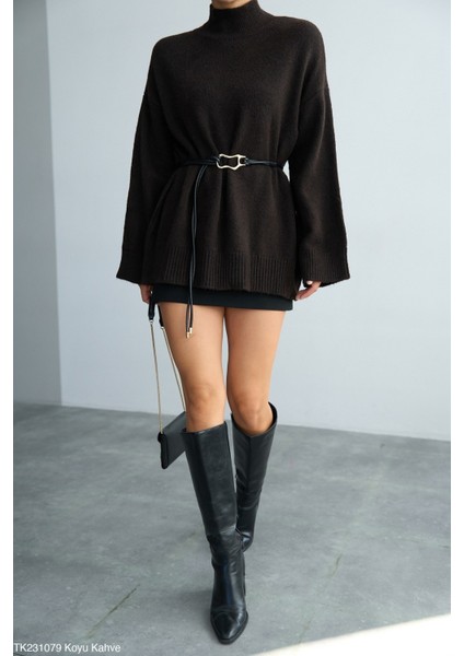 Kadın Yarım Boğaz Uzun Kol Sezonluk Oversize Kazak (Kemersiz) fiyatları
