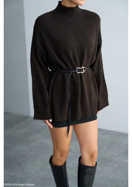 Kadın Yarım Boğaz Uzun Kol Sezonluk Oversize Kazak (Kemersiz) modelleri