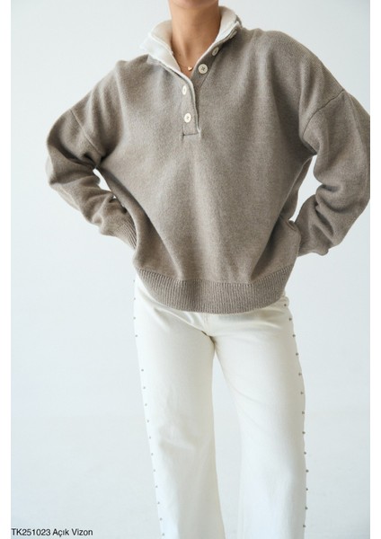 Kadın Yarım Düğmeli Çift Renk Yaka Basıc Kazak fiyatları