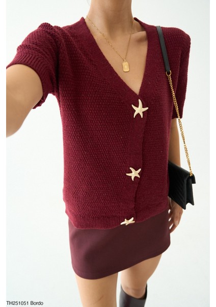 Kadın Yıldız Düğme Aksesuarlı Yarım Kol Hırka