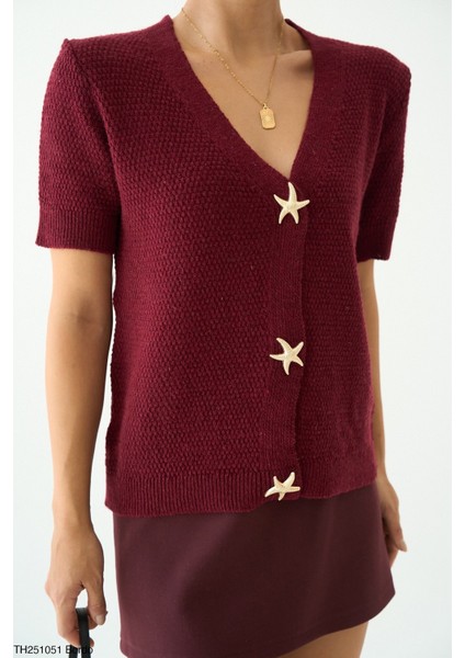 Kadın Yıldız Düğme Aksesuarlı Yarım Kol Hırka modelleri