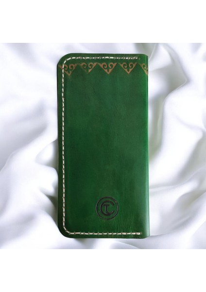 El Yapımı Hakiki Yeşil Deri Erkek Cüzdan - Türk Halısı Desenli Yakma Sanatı Dana Derisi Katlanabilir Model fırsatları