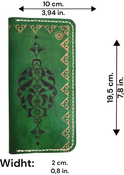 El Yapımı Hakiki Yeşil Deri Erkek Cüzdan - Türk Halısı Desenli Yakma Sanatı Dana Derisi Katlanabilir Model indirimleri