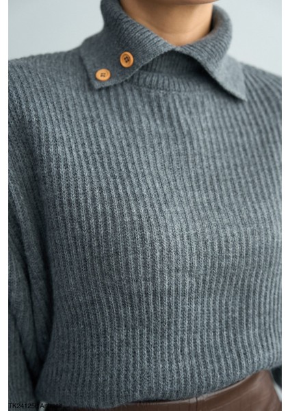 Kadın Basıc Boğazlı Fitilli Oversıze Kazak