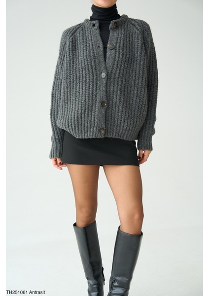 Kadın Bisiklet Yaka Fitilli Full Düğmeli Triko Hırka