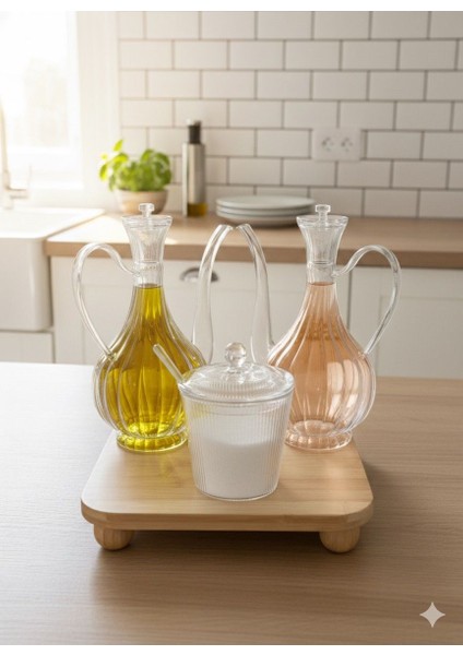 Cam Yağlık ve Tuzluk Seti –bambu Altlıklı Şık Sunum 3'lü Set Glorry Çizgili Tasarım