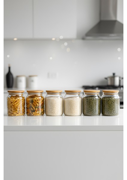 6’lı Vakumlu Cam Saklama Kabı Seti – 575 cc Bambu Kapaklı