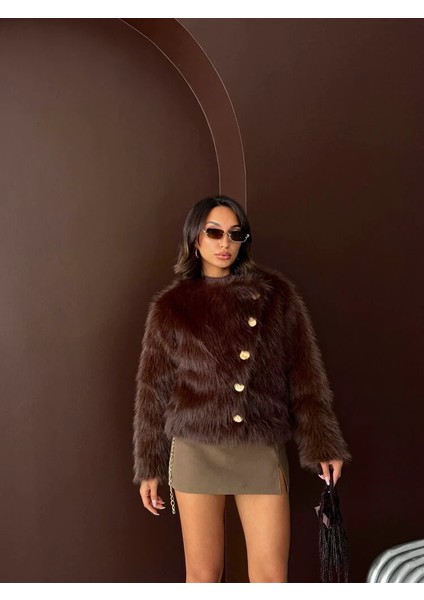 Kadın Vintage Peluş Tüylü Crop Ceket Altın Düğmeli Bisiklet Yaka Kışlık Şık Ceket fiyatları