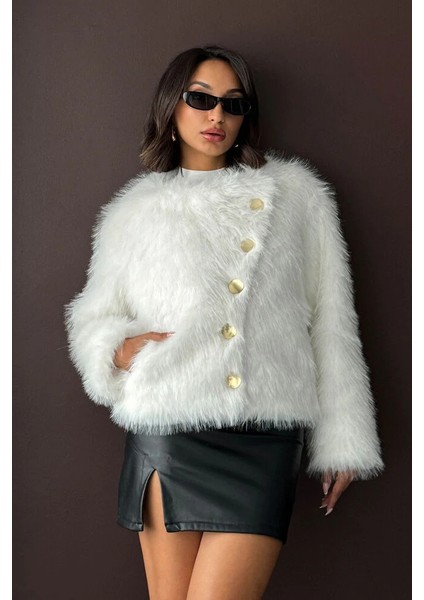 Kadın Vintage Peluş Tüylü Crop Ceket Altın Düğmeli Bisiklet Yaka Kışlık Şık Ceket fiyatları