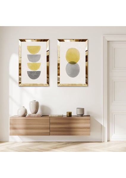Gold Aynalı Pleksi Çerçeveli Modern Beyaz Arka Planlı Yuvarlaklar Ikili Mdf Tablo Seti