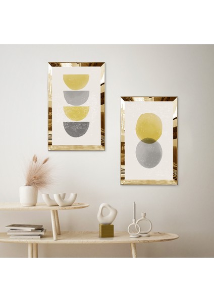 Gold Aynalı Pleksi Çerçeveli Modern Beyaz Arka Planlı Yuvarlaklar Ikili Mdf Tablo Seti fiyatları