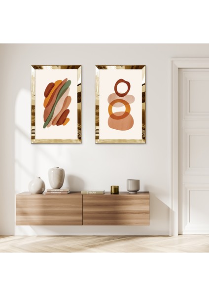 Gold Aynalı Pleksi Çerçeveli Beyaz Arka Planlı Soyut Yuvarlak Şekiller Ikili Mdf Tablo Seti