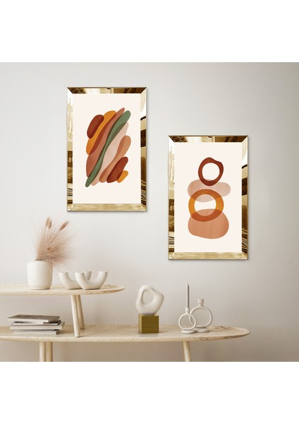 Gold Aynalı Pleksi Çerçeveli Beyaz Arka Planlı Soyut Yuvarlak Şekiller Ikili Mdf Tablo Seti fiyatları