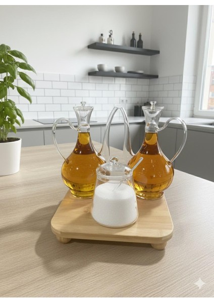 3'lü Cam Yağlık ve Tuzluk Seti – Bambu Altlıklı Şık Sunum Glorry Set