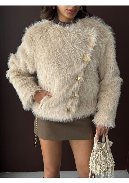 Kadın Vintage Peluş Tüylü Crop Ceket Altın Düğmeli Bisiklet Yaka Kışlık Şık Ceket fiyatları
