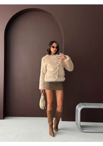 Kadın Vintage Peluş Tüylü Crop Ceket Altın Düğmeli Bisiklet Yaka Kışlık Şık Ceket modelleri