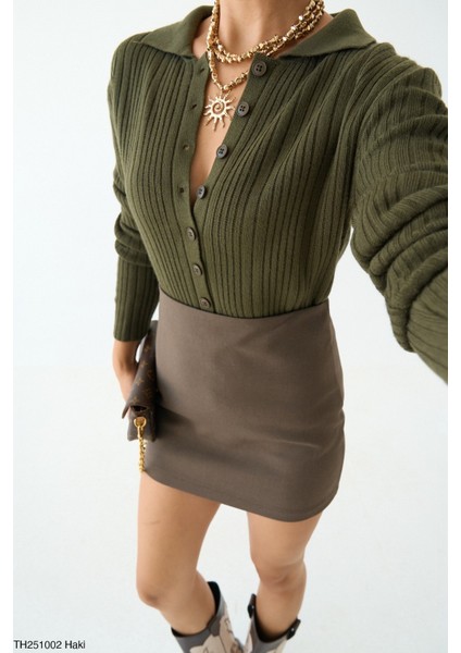 Kadın Erkek Yaka Fitilli Full Düğmeli Triko Hırka