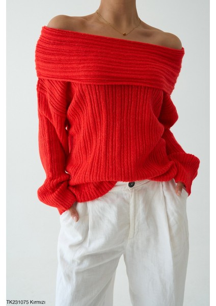 Kadın Rahat Kalıp Omuz Dekolteli Triko Kazak fiyatları