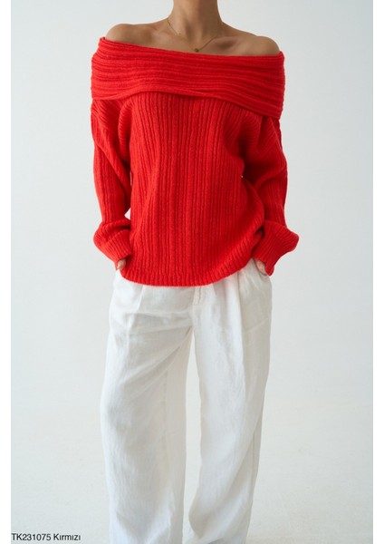 Kadın Rahat Kalıp Omuz Dekolteli Triko Kazak modelleri