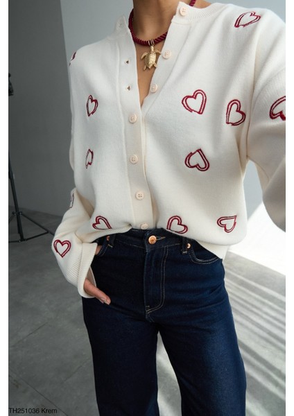 Kadın Kalp Desenli Standart Beden Uzun Triko Hırka