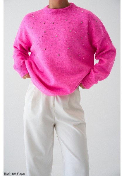 Kadın Taş Detaylı Peluş Standart Kazak modelleri