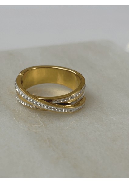 Çapraz Küçük Sıralı Taşlı Gold Yüzük