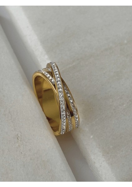 Çapraz Küçük Sıralı Taşlı Gold Yüzük fiyatları