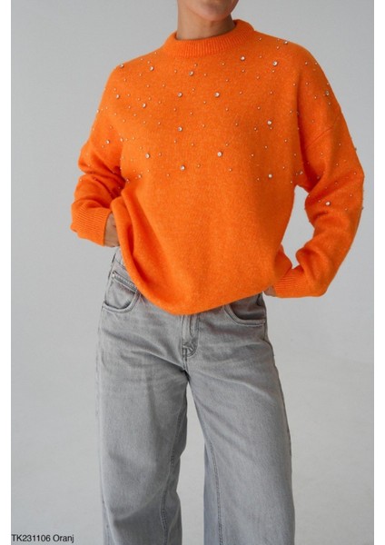 Kadın Taş Detaylı Peluş Standart Kazak modelleri