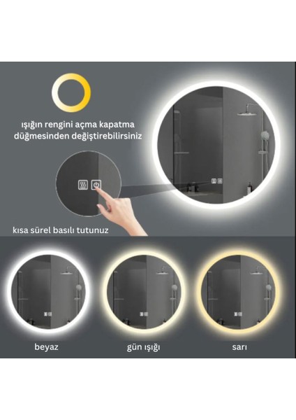 Akıllı Ayna Buğu Çözücülü Hareket Sensörlü 3 LED Işıklı Gümüş Çerçeveli Banyo Aynası 70 cm