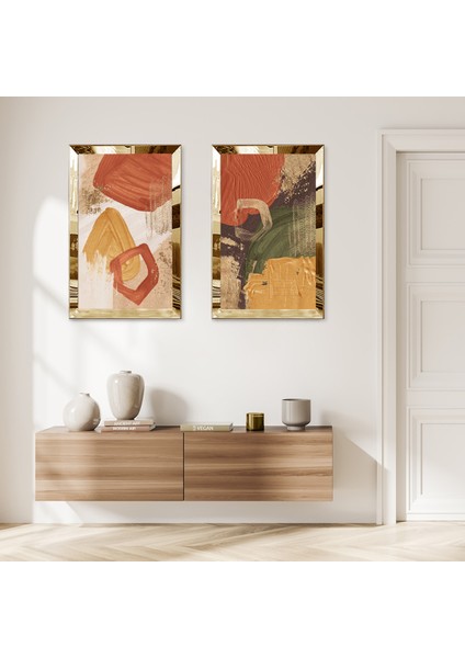 Gold Aynalı Pleksi Çerçeveli Beyaz Arka Planlı Dekoratif Turuncu Soyut Şekiller Ikili Mdf Tablo Seti