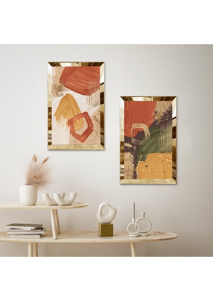 Gold Aynalı Pleksi Çerçeveli Beyaz Arka Planlı Dekoratif Turuncu Soyut Şekiller Ikili Mdf Tablo Seti fiyatları
